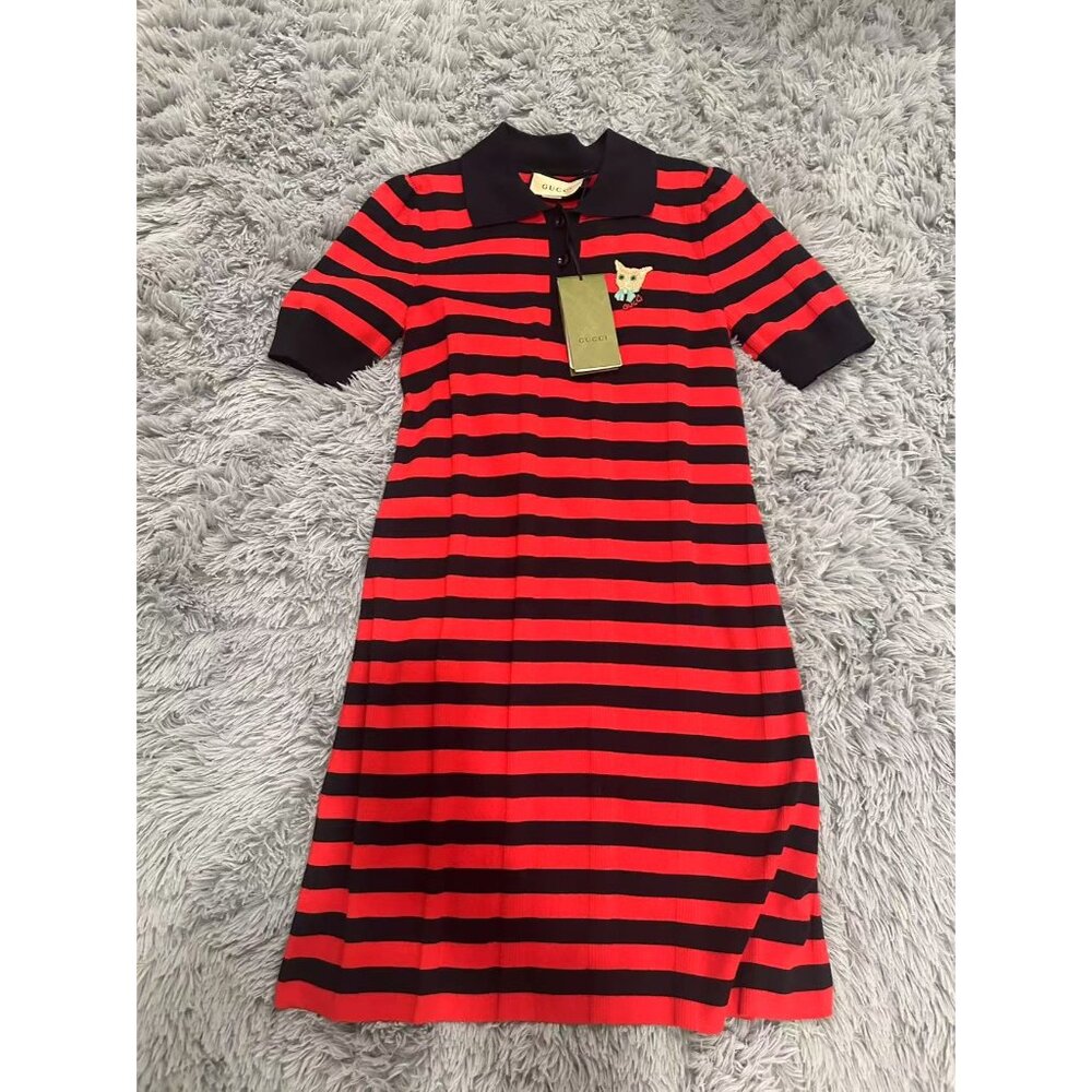 Gucci Red & Black Striped Polo Knit Dress With Dog Patch